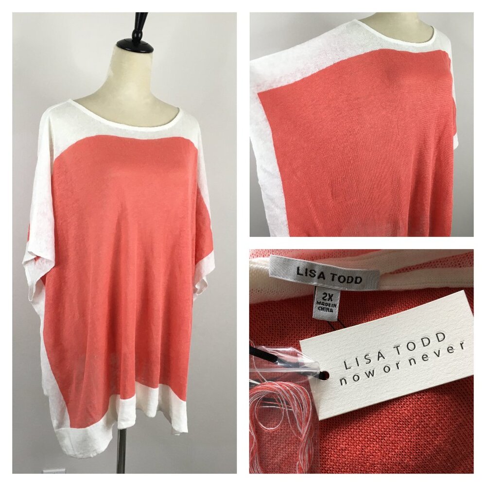 NWT LISA TODD Coral White Colorblock 100% Linen Knit Wide Short Sleeve Sweater